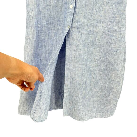 Chico’s Sz 1 Heather Blue Linen Long Line Button Front Side Slit Tunic Shirt - Picture 7 of 16